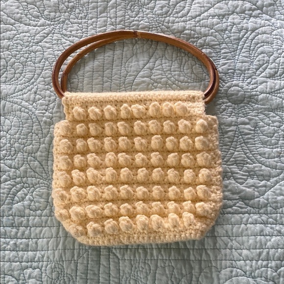 Handmade Cream Knit Clutch with Bamboo Handles - Picture 1 of 6
